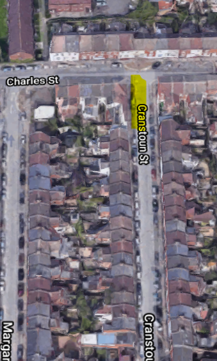 Location of build-out at the Charles Street end of Cranstoun Street on map.